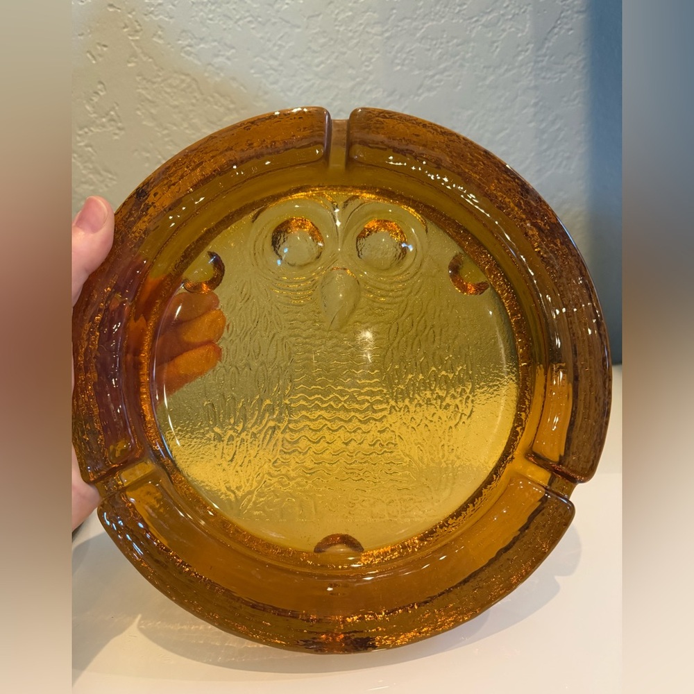 Vintage 70s Blenko Amber glass Owl Ashtray blown glass 10" excellent condition